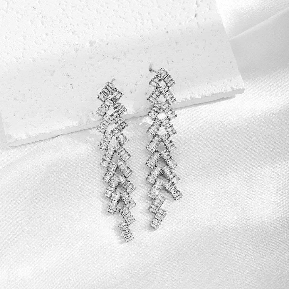 Long Geometric Wave-shaped Tassel Earrings with Zircon Inlay