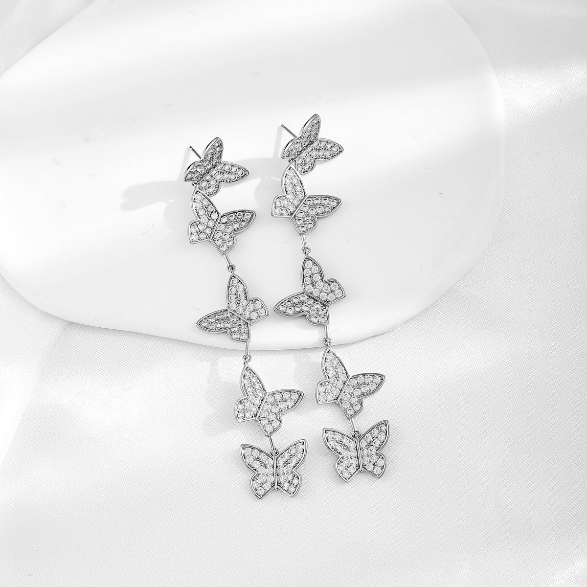 Multi-layered Zircon-inlaid Butterfly Tassel Earrings